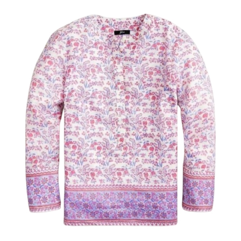 J. Crew Iris Pink Periwinkle Metallic Floral Block Print Tunic Top Blouse - S